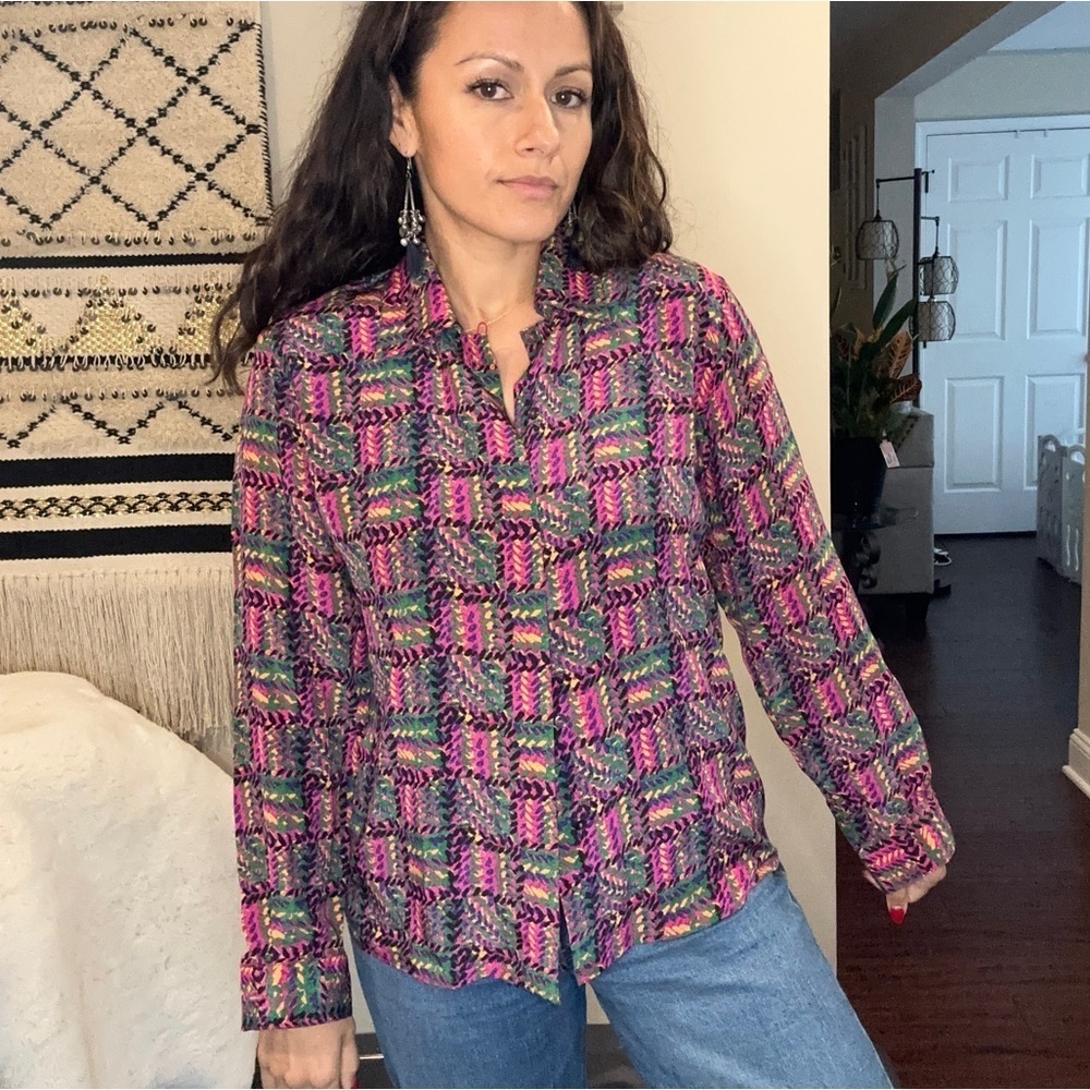 Vintage 70s Geometric Print‎ Button Up Blouse